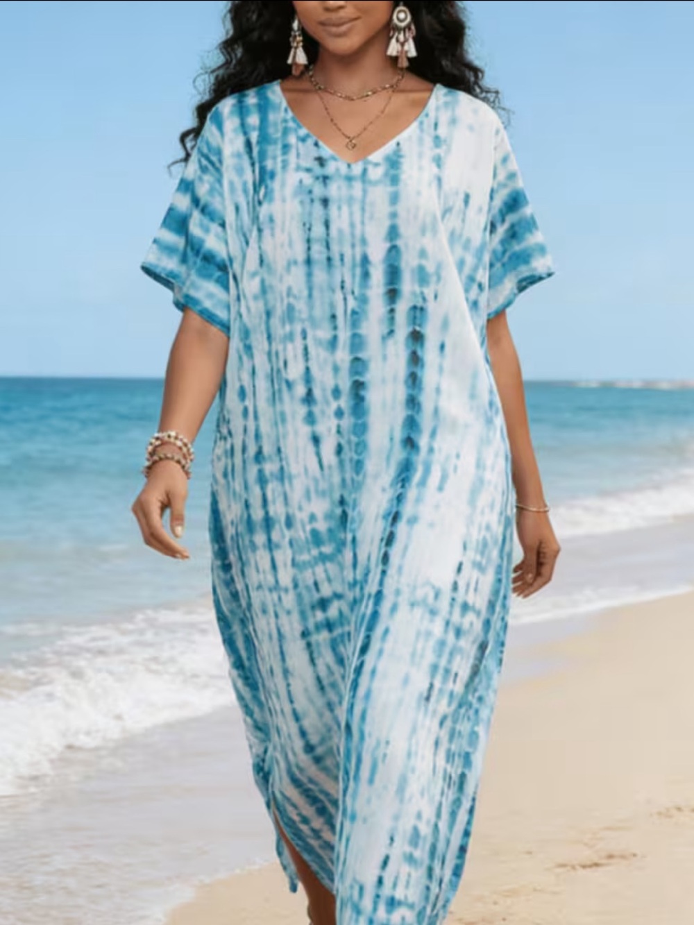 Women's Plus Kaftan Bathing Suit Cover Up Batwing Tye Die Dress Moroccan Mumu - Picture 4 of 12